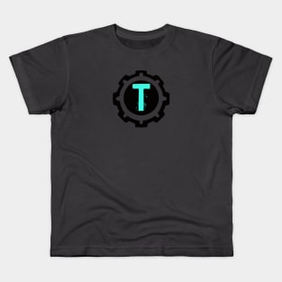 Ice Blue Letter T in a Black Industrial Cog Kids T-Shirt